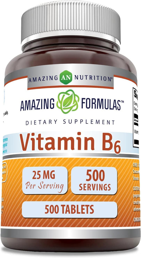 Amazing Formulas Vitamin B6 Pyridoxine 25mg Tablets - 500 Tablets, Non-GMO, Gluten Free, Made in USA