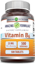 Amazing Formulas Vitamin B6 Pyridoxine 25mg Tablets - 500 Tablets, Non-GMO, Gluten Free, Made in USA