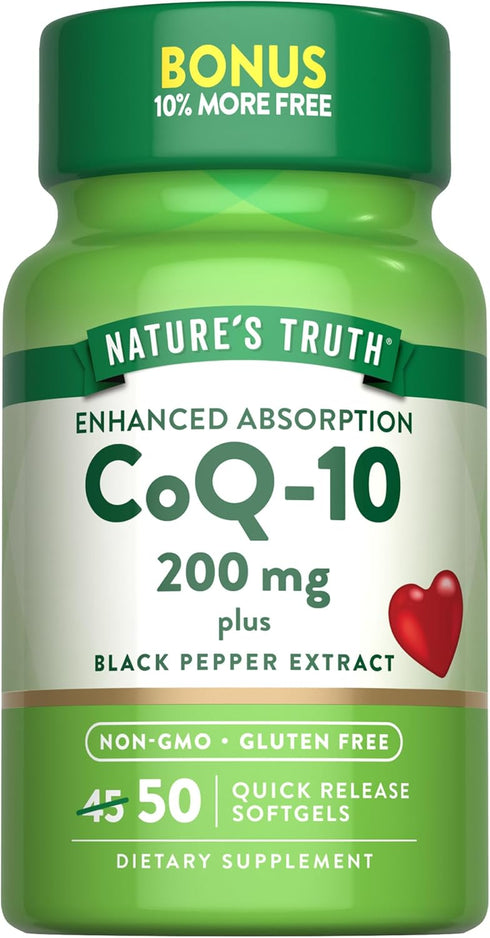 Nature's Truth CoQ10 200mg Softgels, 50 Count, Enhanced Absorption Supplement with Black Pepper Extract