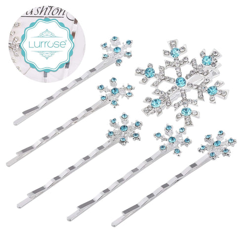 Lurrose Snowflake Hair Clip, 6PCS Rhinestone Bridal Hairpin, Blue Snowflake Hair Barrettes for Wedding and Christmas