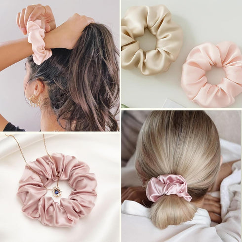 LILYSILK 100% Mulberry Silk Hair Scrunchies Ties, 5PC (gravel gold x 2, camel x 2, rosy pink)