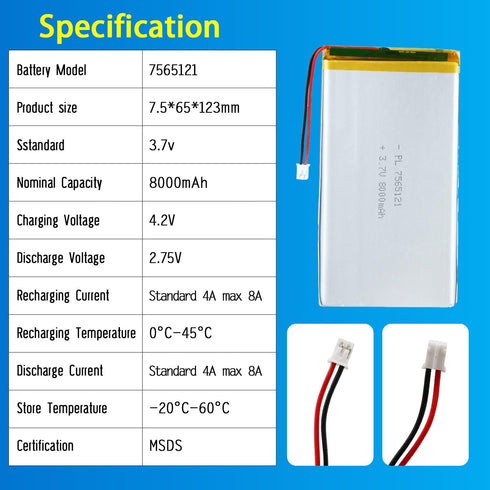 Qimoo 7565121 3.7V 8000mAh 7565121 Pack PH2.0mm Lipo Battery Rechargeable Lithium Polymer Battery with JST Connector