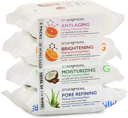 SpaScriptions Makeup Cleansing Wipes, 30 CT Variety 4 Pack, Total 120 Count