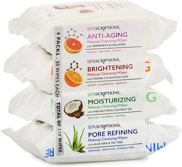 SpaScriptions Makeup Cleansing Wipes, 30 CT Variety 4 Pack, Total 120 Count