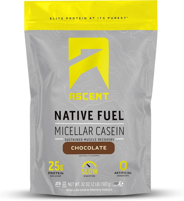 Ascent Casein Protein Powder - 25g Micellar Casein, Gluten-Free, No Added Sugar, Chocolate, 2 Pounds