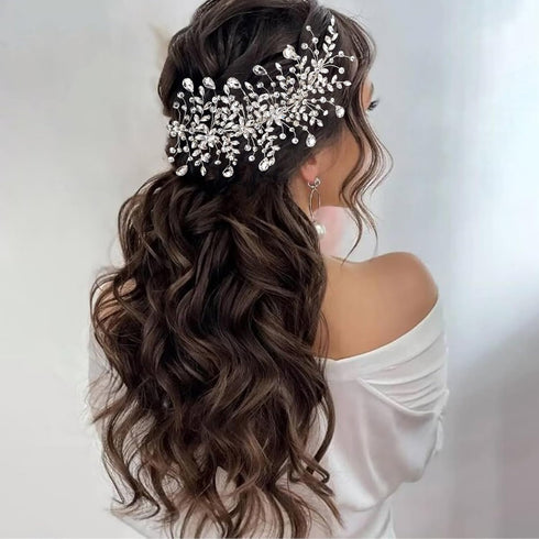 Wedding Headband Bridal Hair Pieces, Silver Rhinestone Hair Side Comb Accessories for Women (Right)