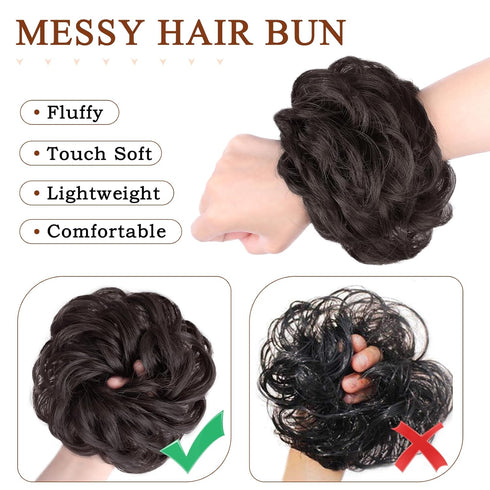 MORICA Messy Hair Bun Scrunchies Extension, Curly Wavy Synthetic Chignon Hairpieces for Women (4# Darkest Brown)