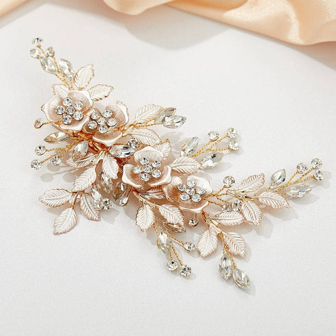 SWEETV Light Rose Gold Rhinestone Wedding Clip Bridal Comb Barrette - Handmade Flower Head Pieces for Women
