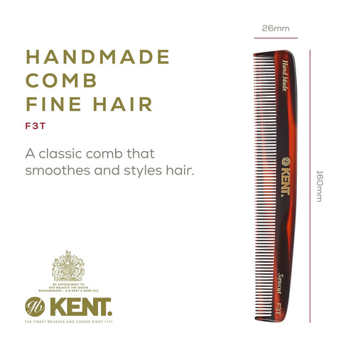 Kent F3T Handmade Dressing Table Comb for Men and Women, All Fine Tooth Hair Comb Straightener for Everyday Grooming Styling Hair, Beard and Mustache, Saw Cut and Hand Polished, Made in England