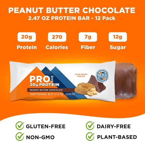 PROBAR - PROTEIN Bar, Peanut Butter Chocolate, Non-GMO, Gluten-Free, Plant-Based Whole Food Ingredients, 12 Count