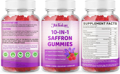 Gummies D3, B6, 60 Count Saffron Supplement for Kids & Adults Supports Antioxidant Function with Ashwagandha