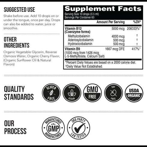 BioActive Vitamin B12 5000 mcg | Sublingual Cherry Flavor, Organic, Vegan | 3 BioActive Forms B12, 60 Servings