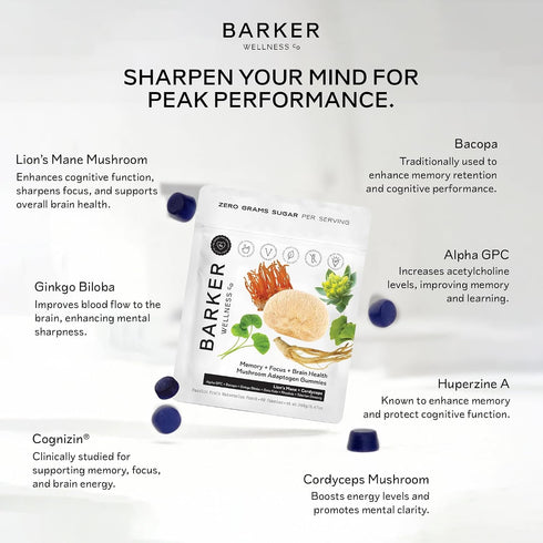 Gummies 60 Count Barker Wellness Mushroom Adaptogen for Memory & Focus, Brain Health Supplement with Lion's Mane