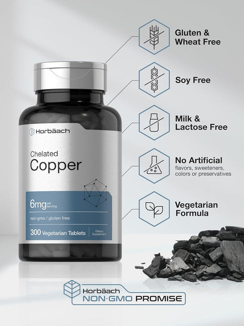 Horbaeach Chelated Copper Supplement 6mg | 300 Tablets | Vegetarian, Non-GMO, Gluten Free