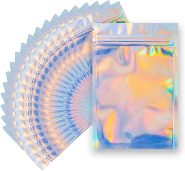 100 Pieces Mylar Smell Proof Bags - 3x4 Inch Resealable Bags for Flat Clear Food Storage, Holographic Color