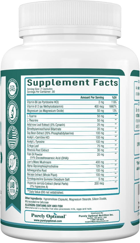 Premium Brain Supplement, Nootropic Brain Booster for Focus, Clarity, Memory, 60 Caps