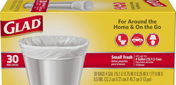 Glad Trash Bags, Small Garbage Bags - 4 Gallon White Trash Bag, 30 Count