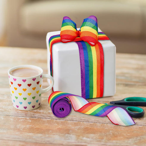Whaline 2 Rolls Rainbow Stripe Wired Ribbon, 2.5 Inch, Colorful LGBTQ Pride Fabric for Crafts and Gift Wrapping
