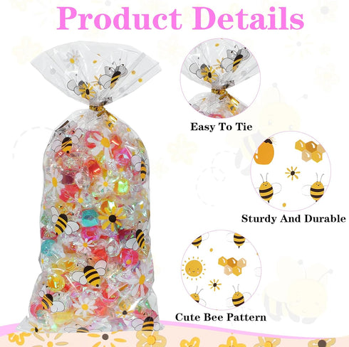 Ymapinc 50Pcs (4 Bee Gift Bag with Handles, Plastic Clear Handle Bags for Favors, Honey Bee Bags, Yellow Bag for Bees