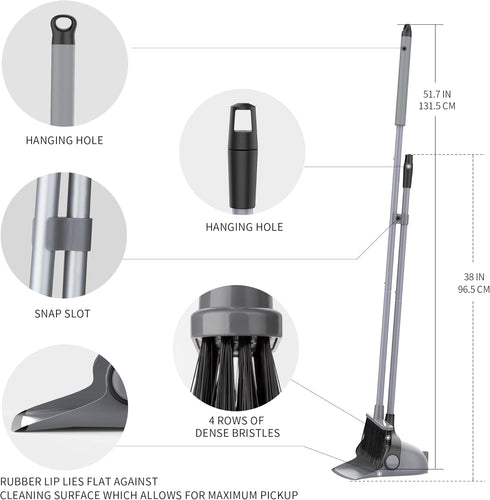 MR.SIGA Gray Broom and Dustpan Set with Adjustable Long Handle, Upright Combo for Floor Cleaning Lobby