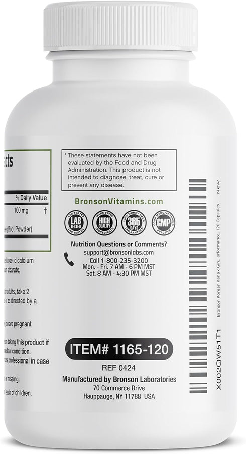 Bronson Korean Panax Ginseng | 120 Capsules - Supports Energy, Endurance, Vitality, Memory, and Mental Performance
