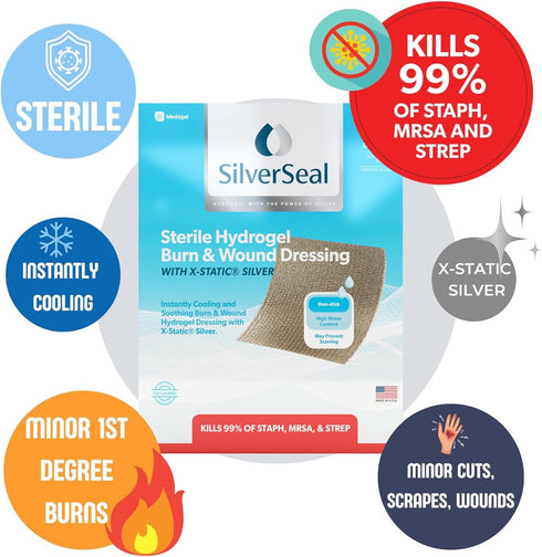 SilverSeal Burn and Wound Dressing - Hydrogel Pads with X-Static Silver, Soothing Moist & Protective for Burns, Cuts &