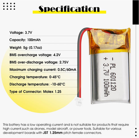 Qimoo 601120 3.7V 100mAh 1.25 LiPo Battery - Rechargeable Lithium Polymer Battery with Protection Board and Micro JST
