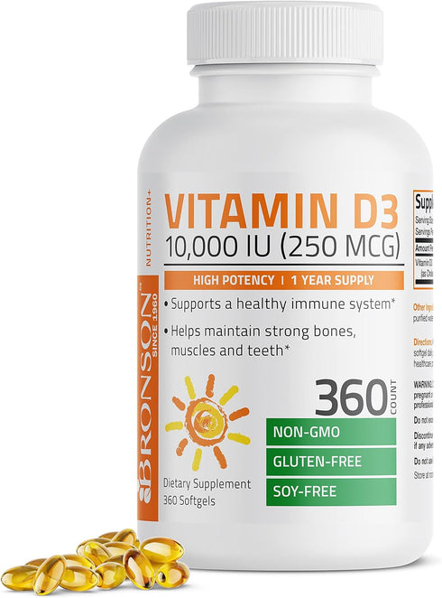 Bronson Vitamin D3 10,000 IU (250 mcg) High Potency - Supports Healthy Immune System, Strong Bones, 360 Softgels (1
