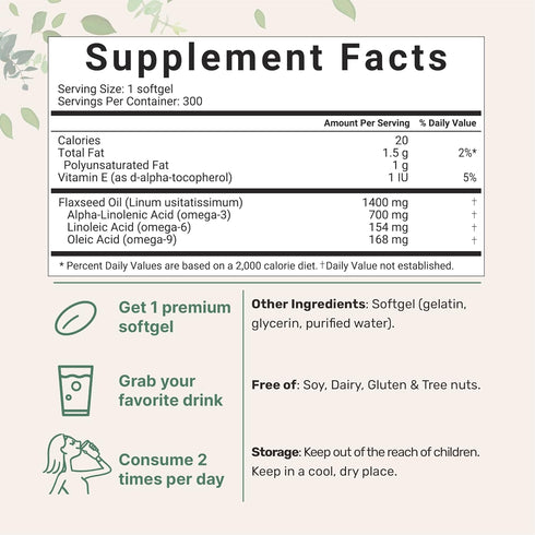 Flaxseed Oil 1400mg Softgels, 300 Counts | Cold Pressed, Rich in Omega 3, Support Heart Health & Immune System