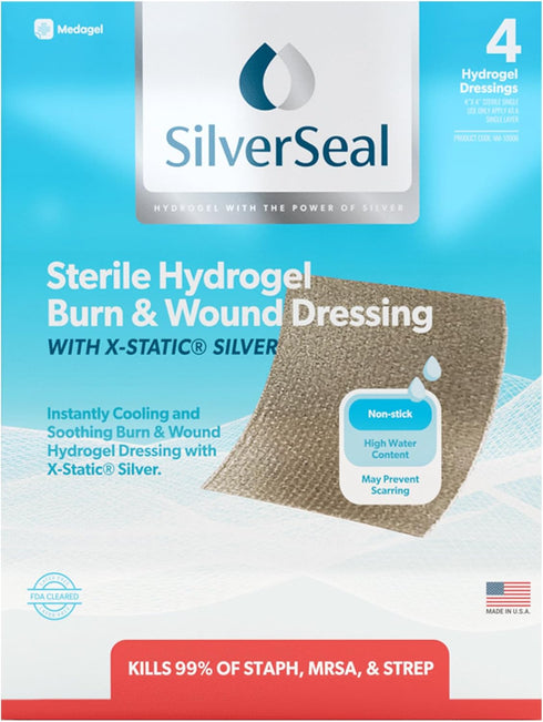 SilverSeal Burn and Wound Dressing - Hydrogel Pads with X-Static Silver, Soothing Moist & Protective for Burns, Cuts &