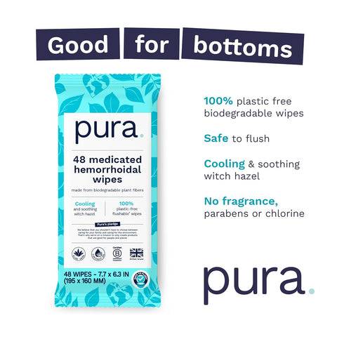 Pura Flushable Hemorrhoid Wipes, 1 x 48 Wipes, Medicated Wipes with 50% Cooling Witch Hazel, Soothing Coconut Oil & Aloe Vera, Fast Acting Relief, 100% Plastic Free, Fragrance Free