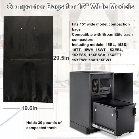 KMHGD 12Pcak 15" 15TCBL, 5 Compactor Bags for Wide Models, Compatible with broan-nutone Heavy-Duty Trash Bags, Garbage