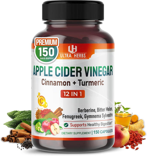 Organic Apple Cider Vinegar Capsules Enhanced with Cinnamon, Turmeric - Ultra Supplement