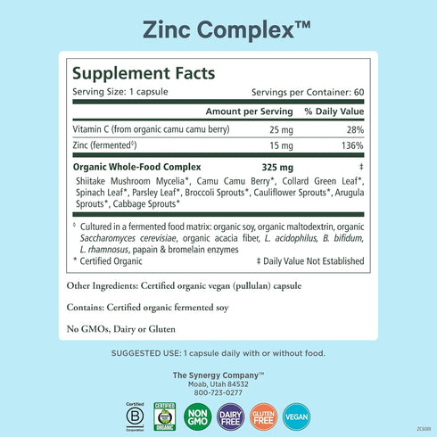 PURE SYNERGY Zinc Complex, Immune Support Supplement, Natural Vegan Zinc with Vitamin C and Organic Whole Foods