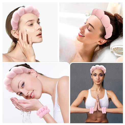 Spa Headband for Washing Face, Wristband Sponge Makeup Skincare Headband, Non-Slip Thick Hair Accessory (Pink)