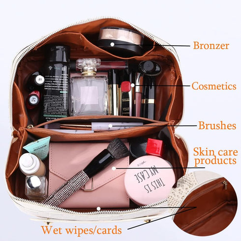 Large Capacity Travel Cosmetic Bag, Plaid Checkered Makeup Bag, Portable Leather Waterproof Skincare Bag