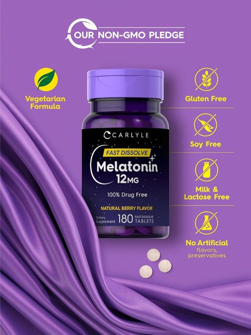 Carlyle Melatonin 12 mg Fast Dissolve Tablets, 180 Count, Drug Free, Natural Berry Flavor