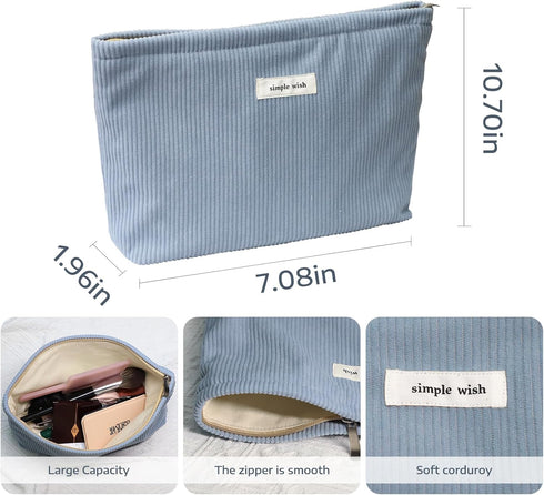 Wudygirl Makeup Bag,Portable Cosmetic Travel Bag for Women and Girls,Large Capacity Corduroy Travel Toiletry Bag(Light Blue)