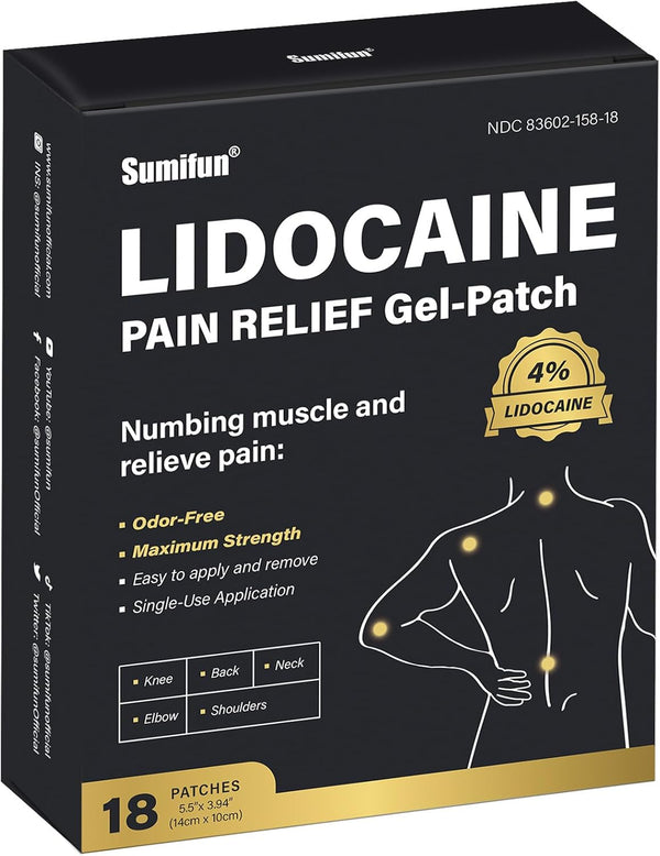 Sumifun 4% Lidocaine Pain Relief Patches - 18 Count for Back, Shoulder, Muscle, Joints Pain Relief
