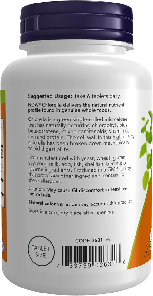 NOW Supplements Organic Chlorella 500 mg with Chlorophyll, Beta-Carotene, Vitamin C, Iron, 200 Tablets