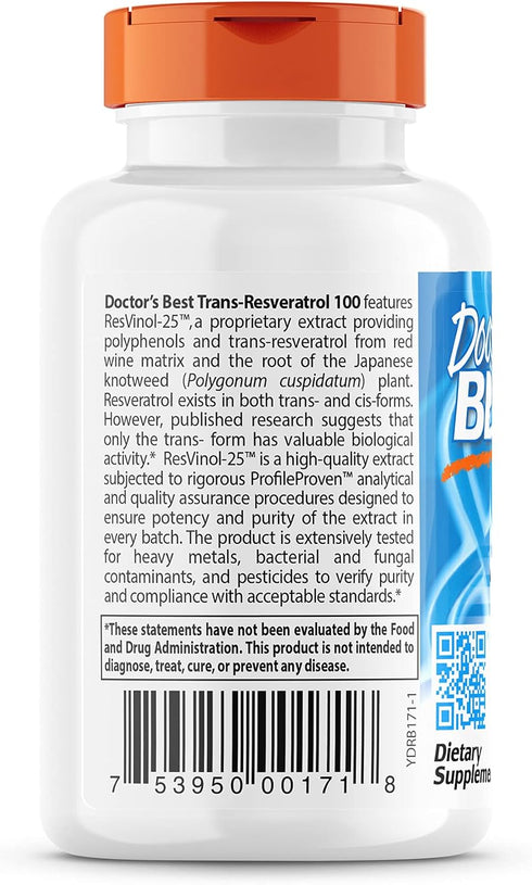 Doctor's Best Trans-Resveratrol with Resvinol, Non-GMO, Vegan, Gluten Free, 100 mg, 60 Veggie Caps