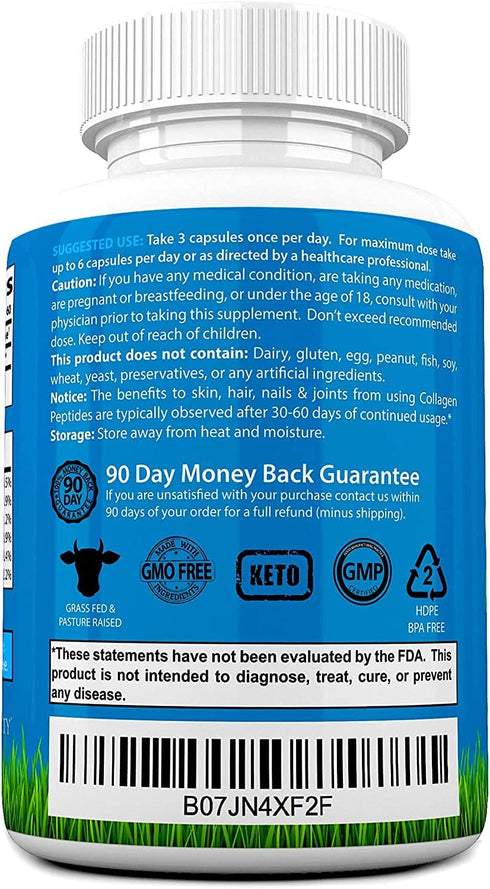 Collagen Peptides Capsules - Grass-Fed Hydrolyzed Protein Supplement for Skin, Hair, & Nails, 180 Capsules