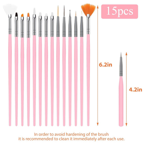 15pcs Nail Paint Brushes Set, Nail Art Brushes for Gel Polish with Rhinestone Picker, Nail Detailing Brush Makeup Brushes Set for Cleaning Fingernails Dotting Painting Line (Pink)