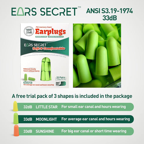 EARS SECRET Foam Ear Plugs for Sleeping, 25+3 Pairs, 38dB Comfortable Noise Cancelling for Travel, Snoring, Concert &