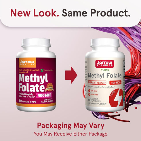 Jarrow Formulas Extra Strength Methyl Folate 400 mcg, 60 Veggie Capsules for Cardiovascular Health