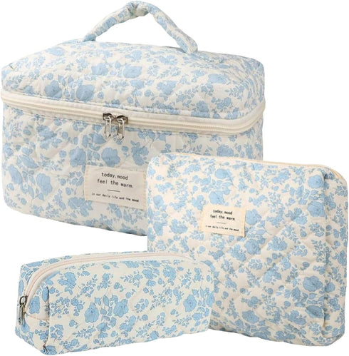 3 Pcs Cotton Quilted Makeup Bag Set, Floral Makeup Bag, Cute Travel Cosmetic Organizer for Women Girls