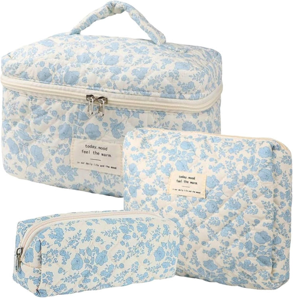 3 Pcs Cotton Quilted Makeup Bag Set, Floral Makeup Bag, Cute Travel Cosmetic Organizer for Women Girls