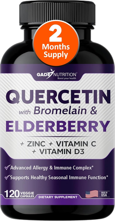 Quercetin with Vitamin C and Zinc - Elderberry, Quercetin 500mg, Quercetin with Bromelain, Zinc Quercetin, Vitamin D3 -