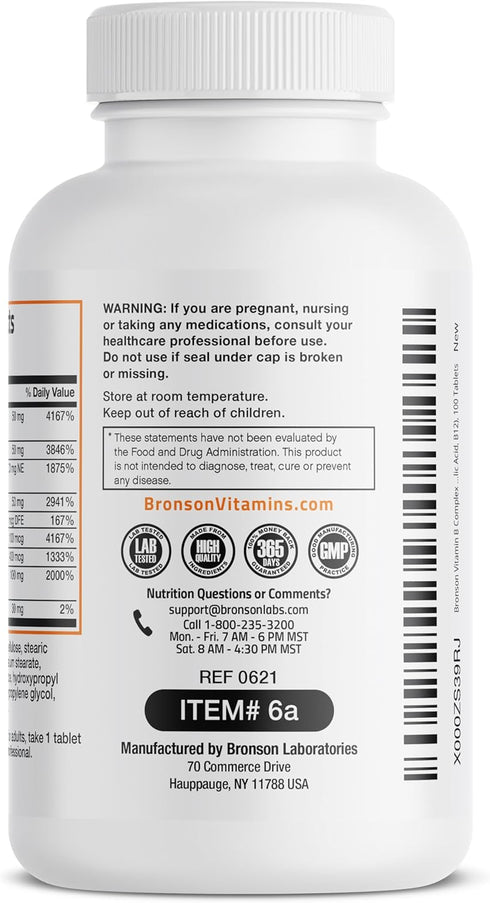 Bronson Vitamin B Complex (B1, B2, B3, B6, B9, B12) - 100 Tablets