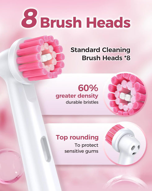 Rotating Electric Toothbrush for Adults with 8 Brush Heads, Deep Clean Rechargeable with 4 Modes, Pink